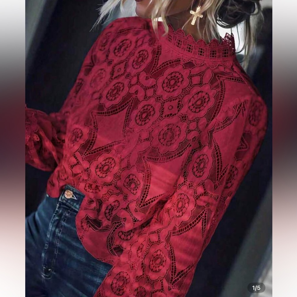 New mock neck  Red Lace Top